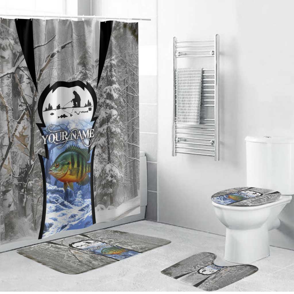 Custom Bluegill Ice Fishing Winter Camo Bathroom Set with Snowy Forest Background Colorful Fish - Wonder Print Shop