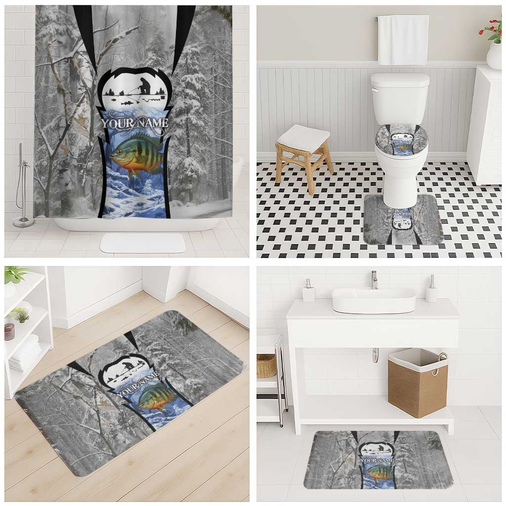 Custom Bluegill Ice Fishing Winter Camo Bathroom Set with Snowy Forest Background Colorful Fish - Wonder Print Shop