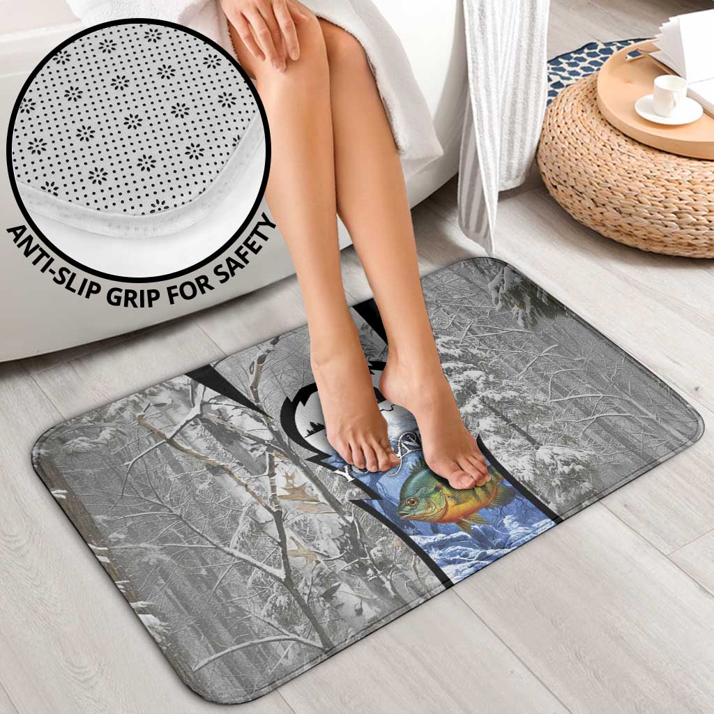 Custom Bluegill Ice Fishing Winter Camo Bathroom Set with Snowy Forest Background Colorful Fish - Wonder Print Shop