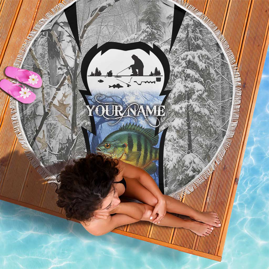 Custom Bluegill Ice Fishing Winter Camo Beach Blanket with Snowy Forest Background Colorful Fish - Wonder Print Shop