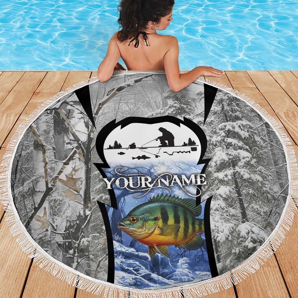 Custom Bluegill Ice Fishing Winter Camo Beach Blanket with Snowy Forest Background Colorful Fish - Wonder Print Shop