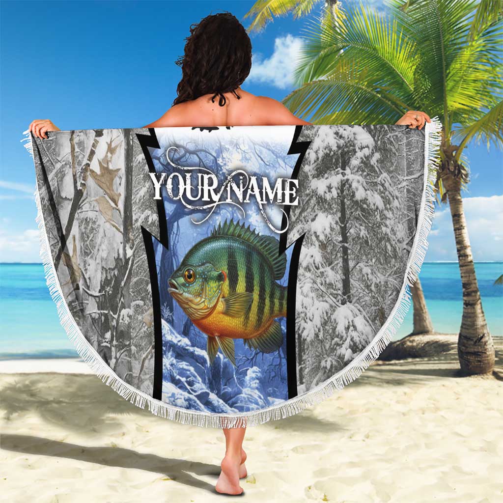 Custom Bluegill Ice Fishing Winter Camo Beach Blanket with Snowy Forest Background Colorful Fish - Wonder Print Shop