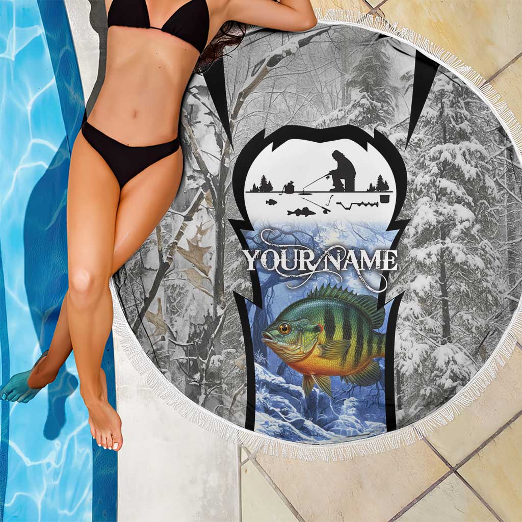 Custom Bluegill Ice Fishing Winter Camo Beach Blanket with Snowy Forest Background Colorful Fish - Wonder Print Shop