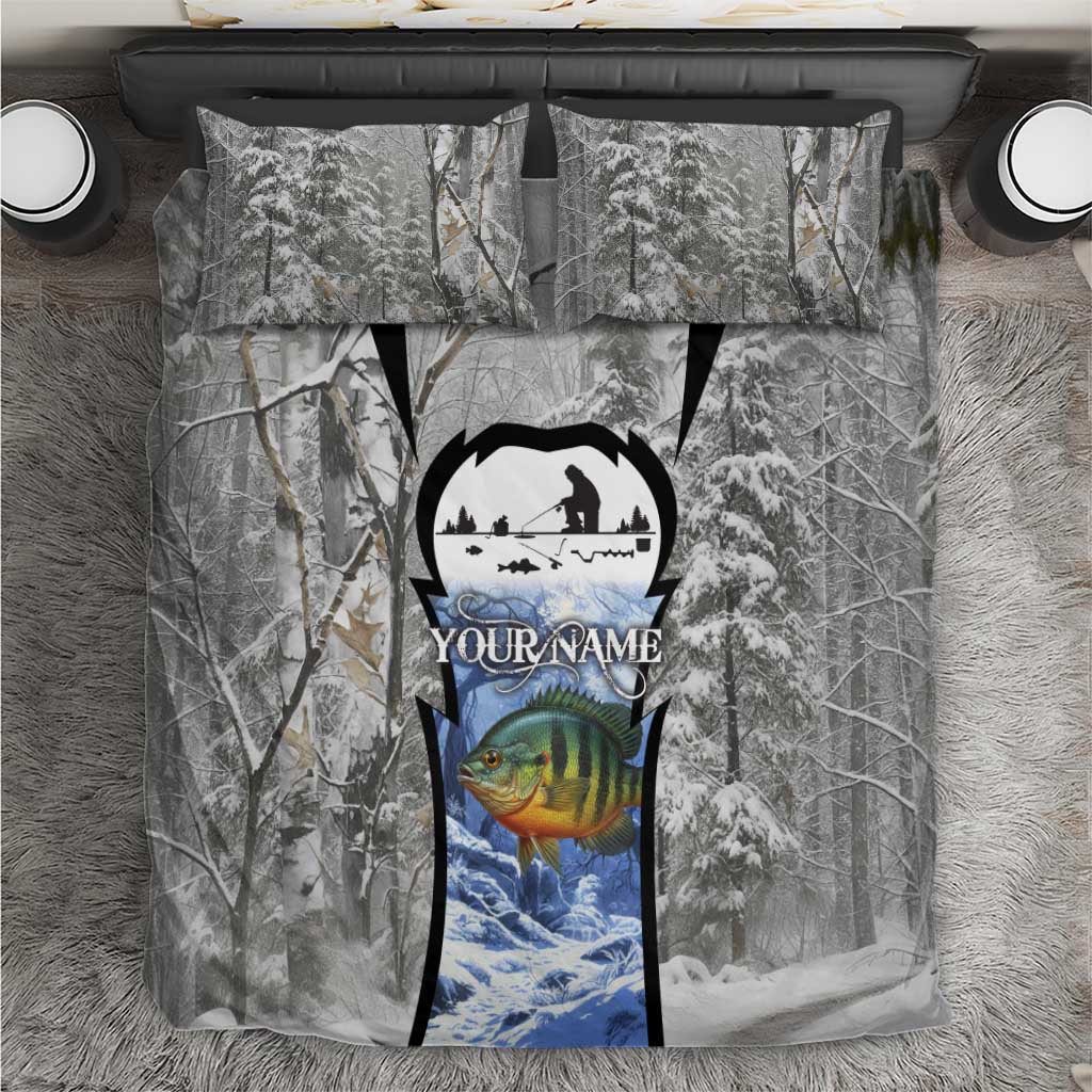 Custom Bluegill Ice Fishing Winter Camo Bedding Set with Snowy Forest Background Colorful Fish - Wonder Print Shop