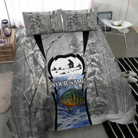 Custom Bluegill Ice Fishing Winter Camo Bedding Set with Snowy Forest Background Colorful Fish - Wonder Print Shop