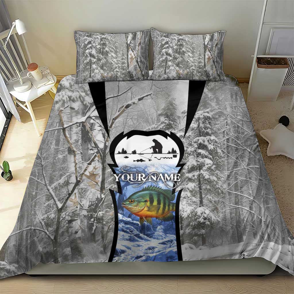Custom Bluegill Ice Fishing Winter Camo Bedding Set with Snowy Forest Background Colorful Fish - Wonder Print Shop