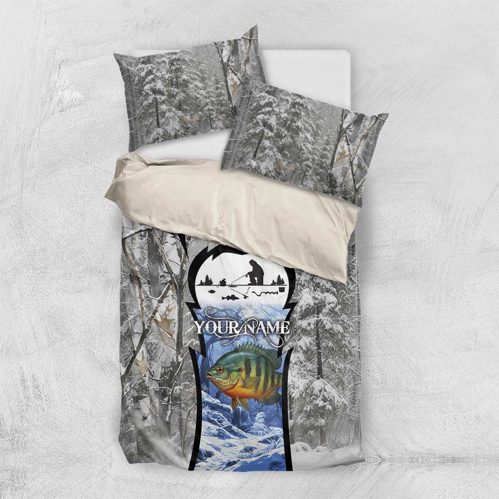 Custom Bluegill Ice Fishing Winter Camo Bedding Set with Snowy Forest Background Colorful Fish - Wonder Print Shop