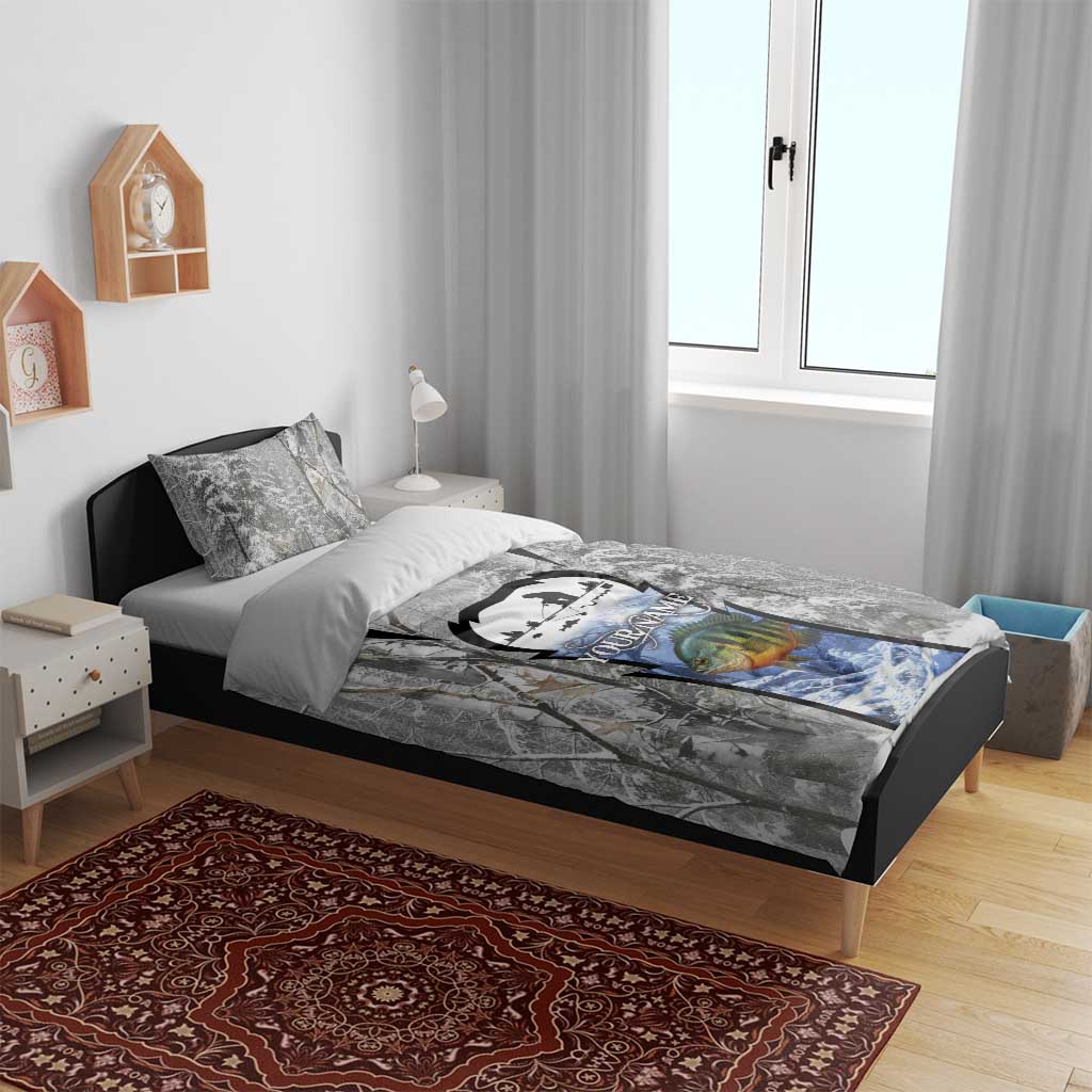 Custom Bluegill Ice Fishing Winter Camo Bedding Set with Snowy Forest Background Colorful Fish - Wonder Print Shop