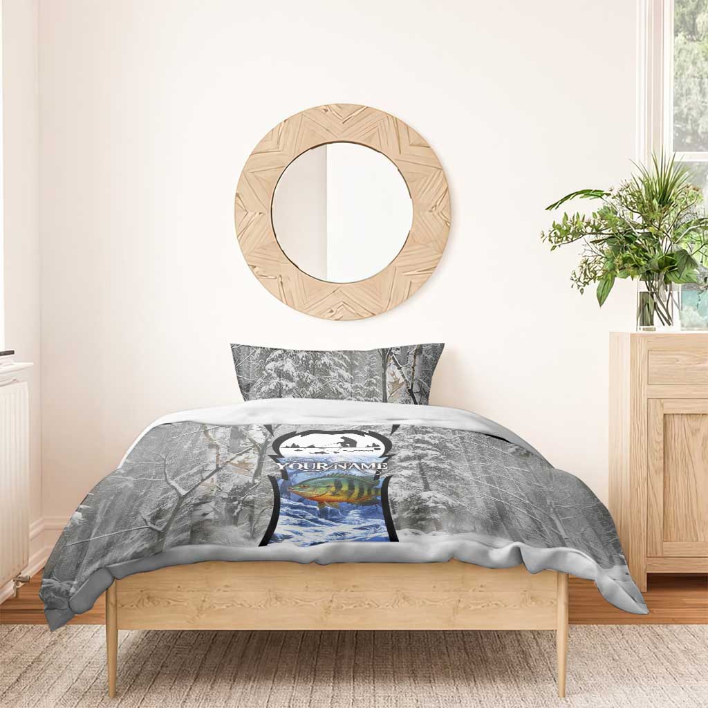 Custom Bluegill Ice Fishing Winter Camo Bedding Set with Snowy Forest Background Colorful Fish - Wonder Print Shop