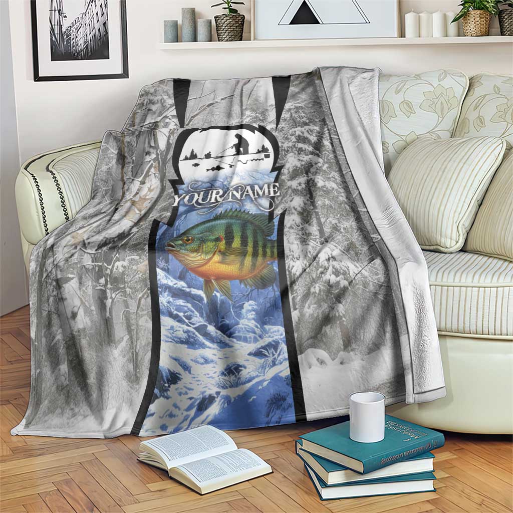 Custom Bluegill Ice Fishing Winter Camo Blanket with Snowy Forest Background Colorful Fish - Wonder Print Shop