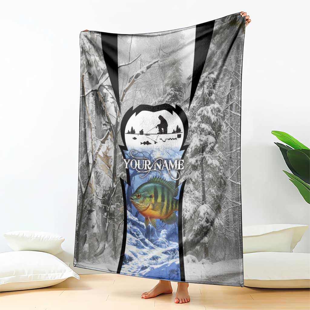 Custom Bluegill Ice Fishing Winter Camo Blanket with Snowy Forest Background Colorful Fish - Wonder Print Shop