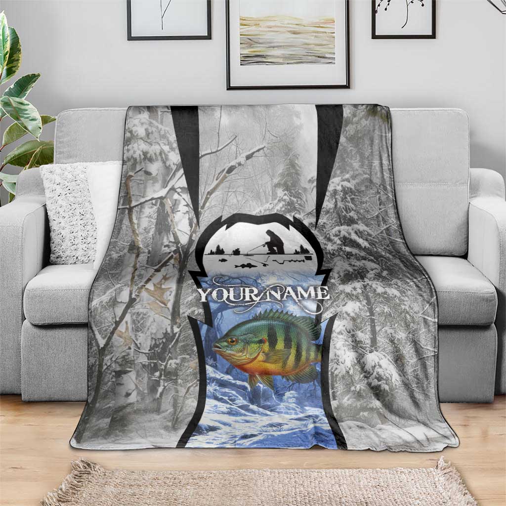 Custom Bluegill Ice Fishing Winter Camo Blanket with Snowy Forest Background Colorful Fish - Wonder Print Shop
