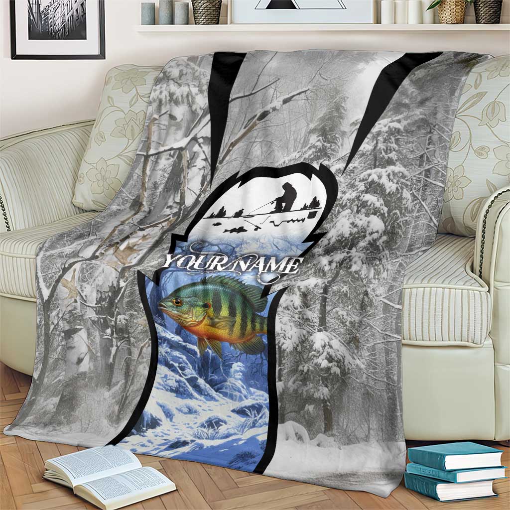 Custom Bluegill Ice Fishing Winter Camo Blanket with Snowy Forest Background Colorful Fish - Wonder Print Shop
