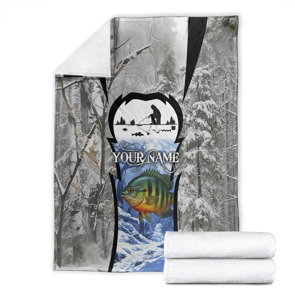 Custom Bluegill Ice Fishing Winter Camo Blanket with Snowy Forest Background Colorful Fish - Wonder Print Shop