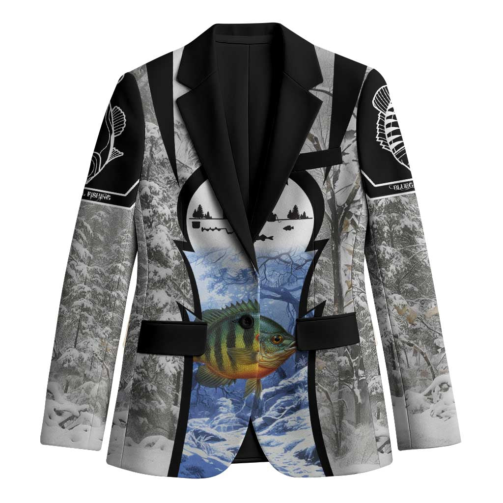 Custom Bluegill Ice Fishing Winter Camo Blazer with Snowy Forest Background Colorful Fish - Wonder Print Shop