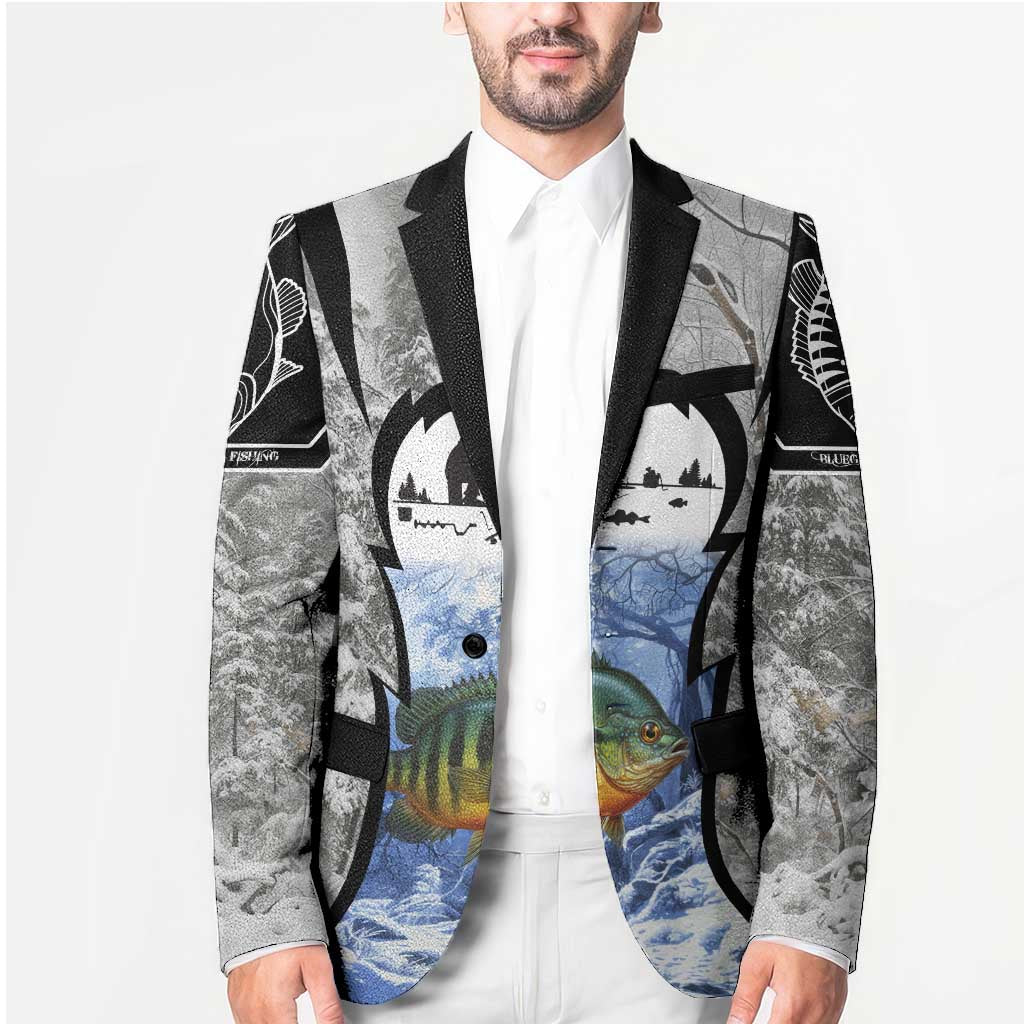 Custom Bluegill Ice Fishing Winter Camo Blazer with Snowy Forest Background Colorful Fish - Wonder Print Shop