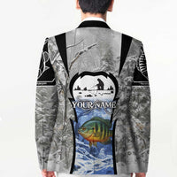 Custom Bluegill Ice Fishing Winter Camo Blazer with Snowy Forest Background Colorful Fish - Wonder Print Shop
