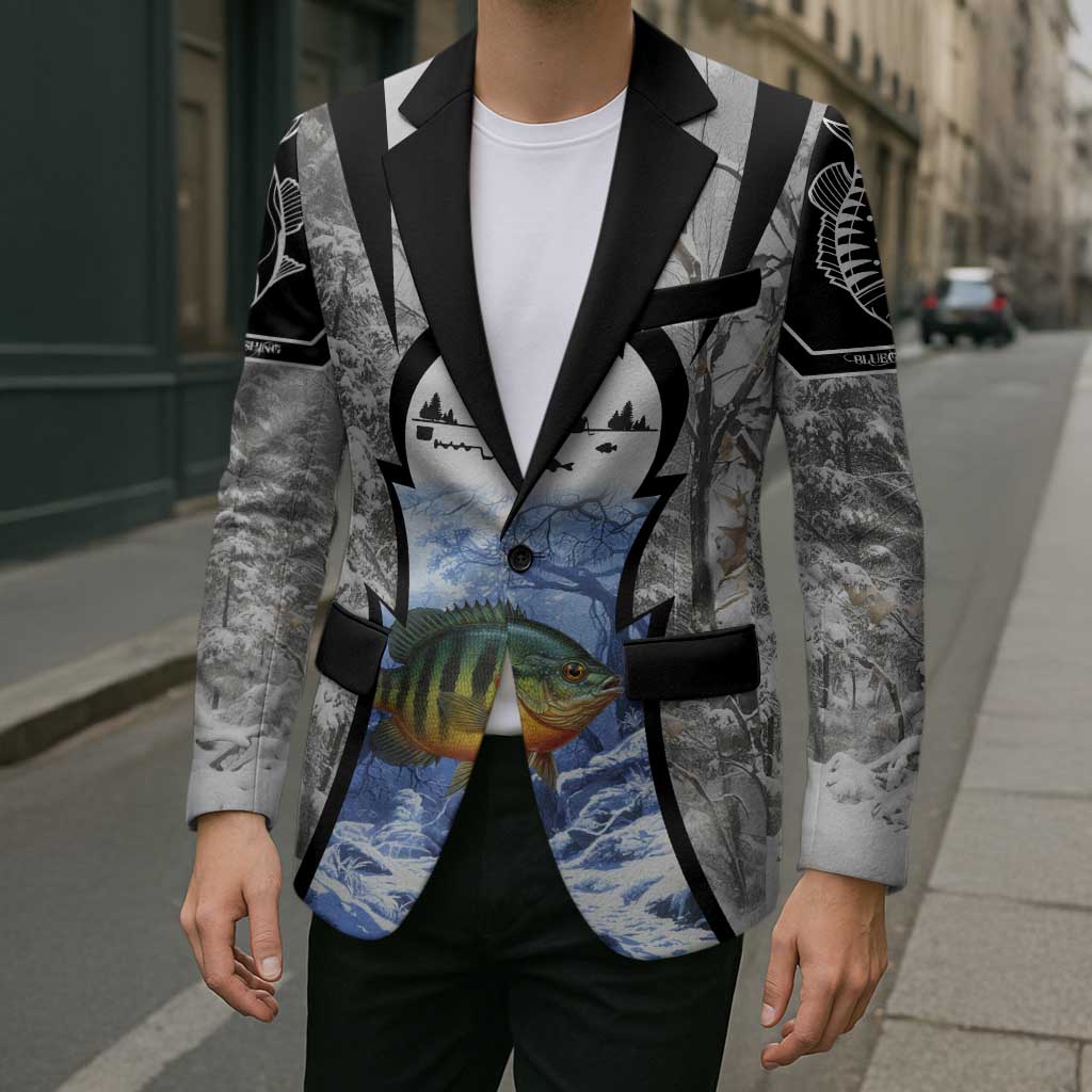Custom Bluegill Ice Fishing Winter Camo Blazer with Snowy Forest Background Colorful Fish - Wonder Print Shop