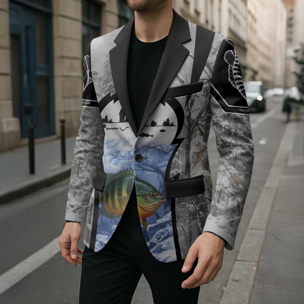 Custom Bluegill Ice Fishing Winter Camo Blazer with Snowy Forest Background Colorful Fish - Wonder Print Shop