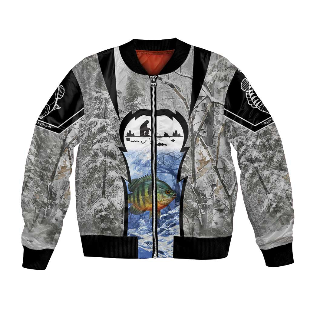 Custom Bluegill Ice Fishing Winter Camo Bomber Jacket with Snowy Forest Background Colorful Fish - Wonder Print Shop