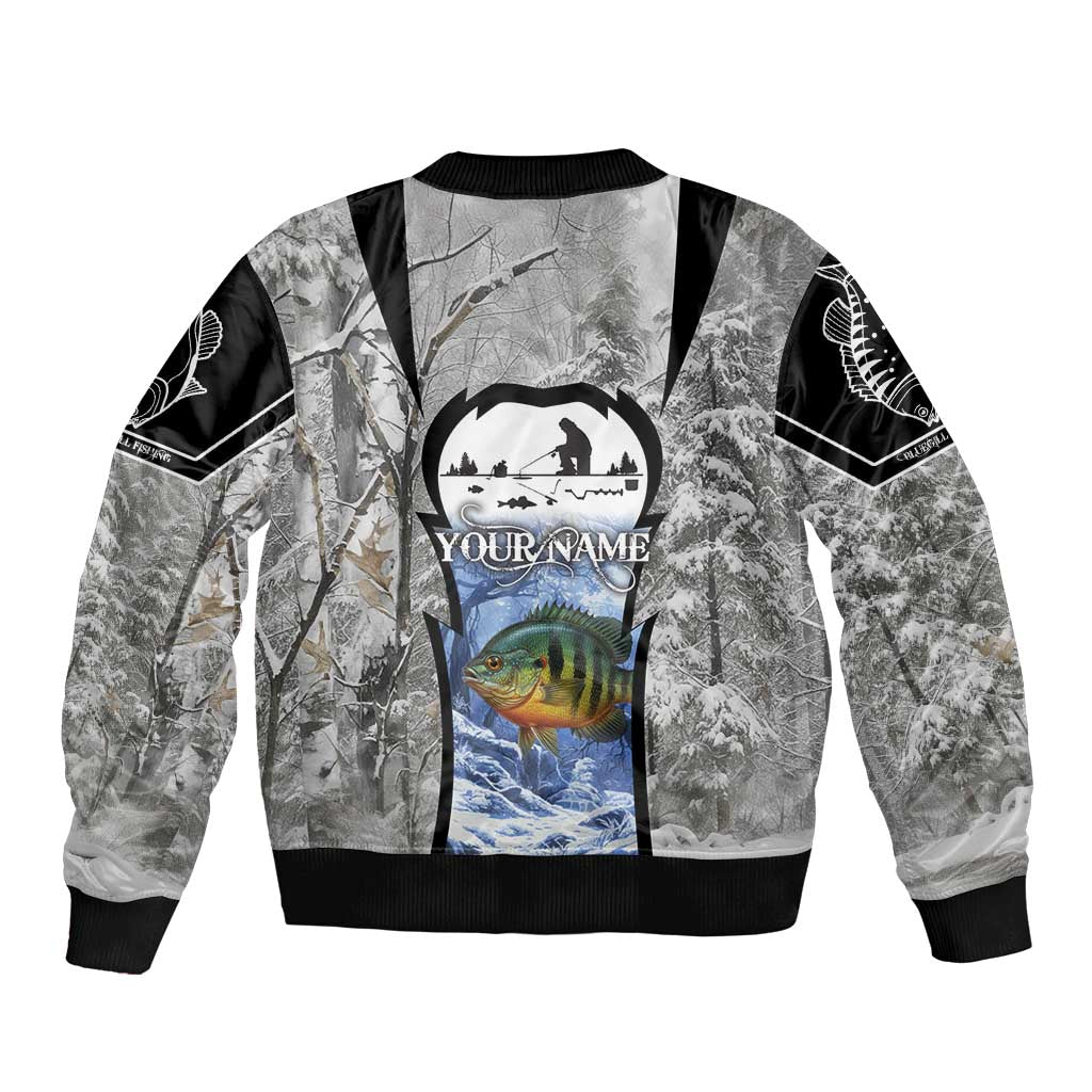 Custom Bluegill Ice Fishing Winter Camo Bomber Jacket with Snowy Forest Background Colorful Fish - Wonder Print Shop