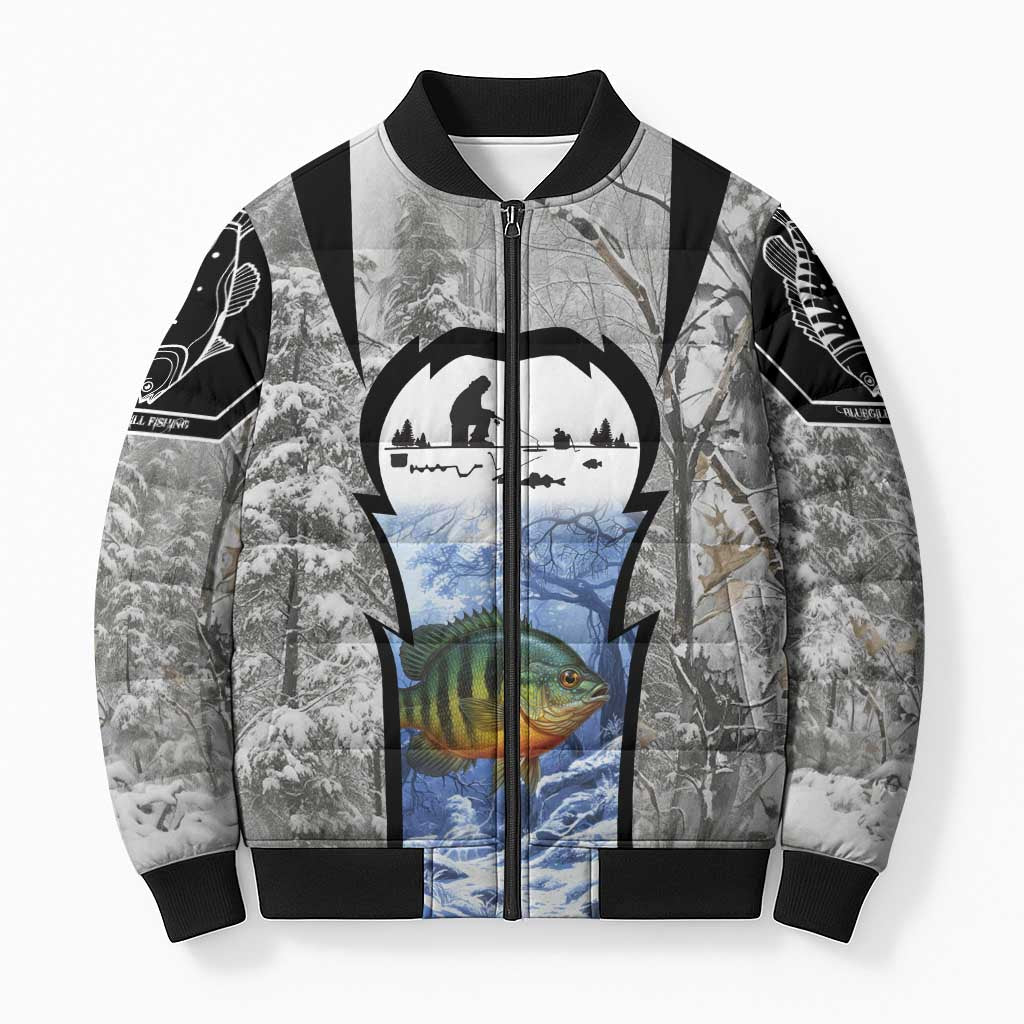 Custom Bluegill Ice Fishing Winter Camo Bomber Puffer Jacket with Snowy Forest Background Colorful Fish - Wonder Print Shop