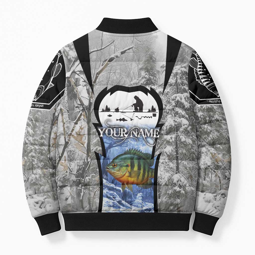 Custom Bluegill Ice Fishing Winter Camo Bomber Puffer Jacket with Snowy Forest Background Colorful Fish - Wonder Print Shop