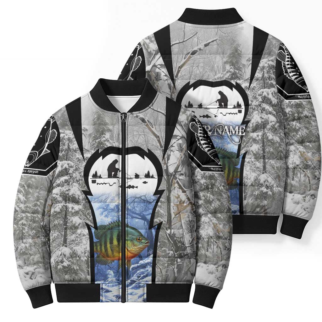 Custom Bluegill Ice Fishing Winter Camo Bomber Puffer Jacket with Snowy Forest Background Colorful Fish - Wonder Print Shop