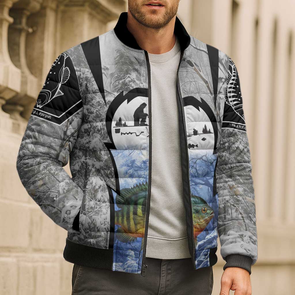 Custom Bluegill Ice Fishing Winter Camo Bomber Puffer Jacket with Snowy Forest Background Colorful Fish - Wonder Print Shop