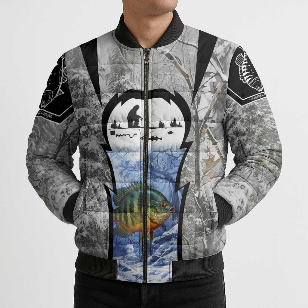 Custom Bluegill Ice Fishing Winter Camo Bomber Puffer Jacket with Snowy Forest Background Colorful Fish - Wonder Print Shop