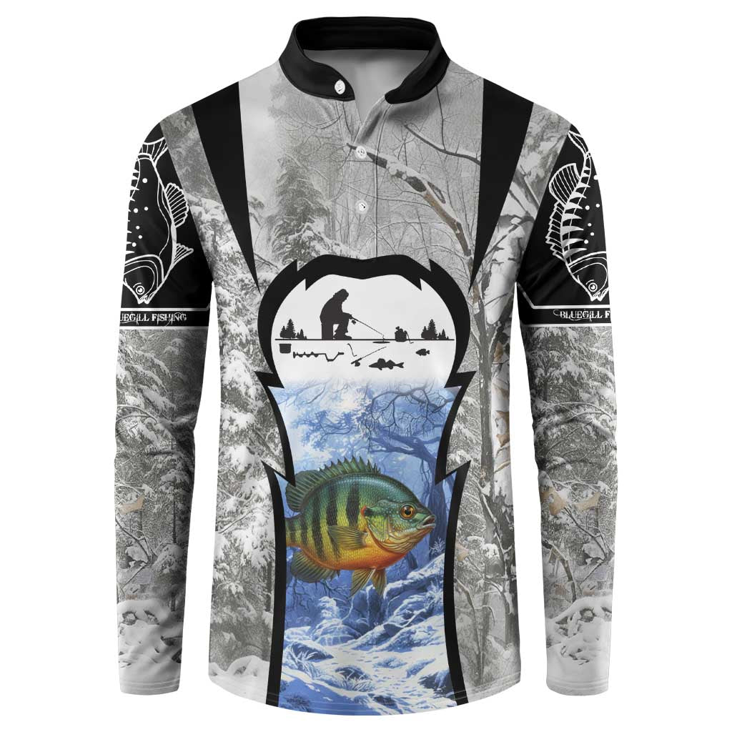 Custom Bluegill Ice Fishing Winter Camo Button Sweatshirt with Snowy Forest Background Colorful Fish - Wonder Print Shop