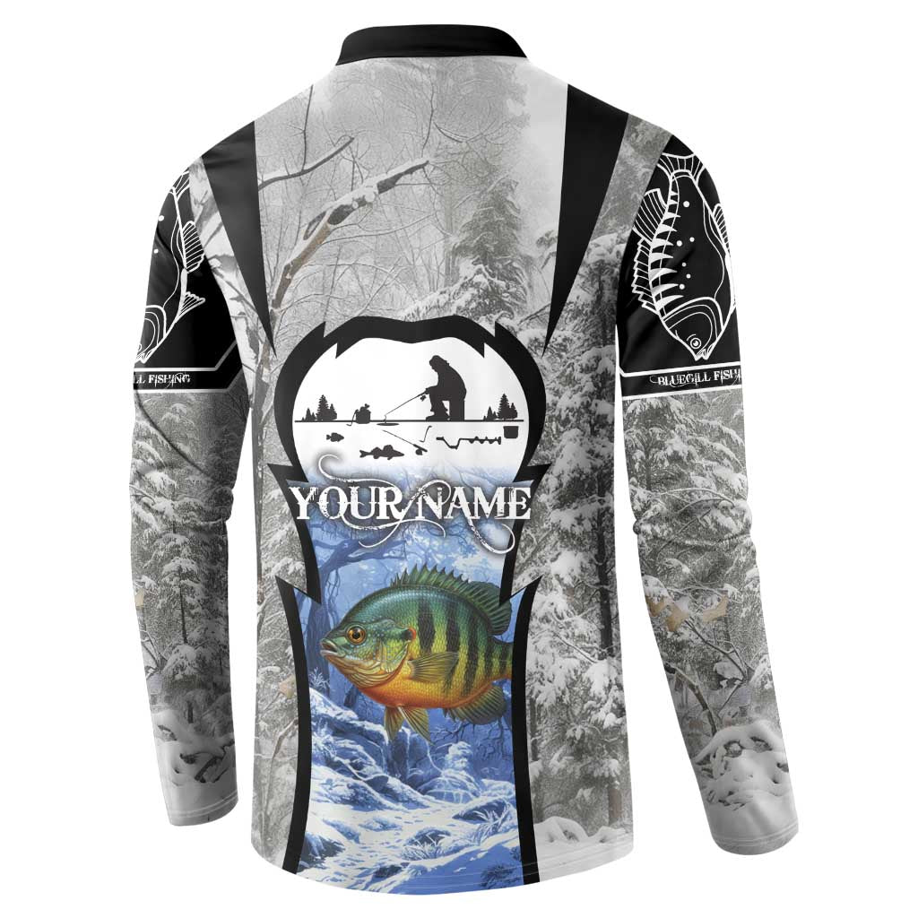 Custom Bluegill Ice Fishing Winter Camo Button Sweatshirt with Snowy Forest Background Colorful Fish - Wonder Print Shop