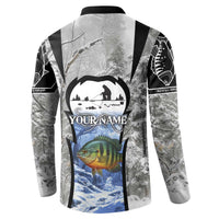 Custom Bluegill Ice Fishing Winter Camo Button Sweatshirt with Snowy Forest Background Colorful Fish - Wonder Print Shop