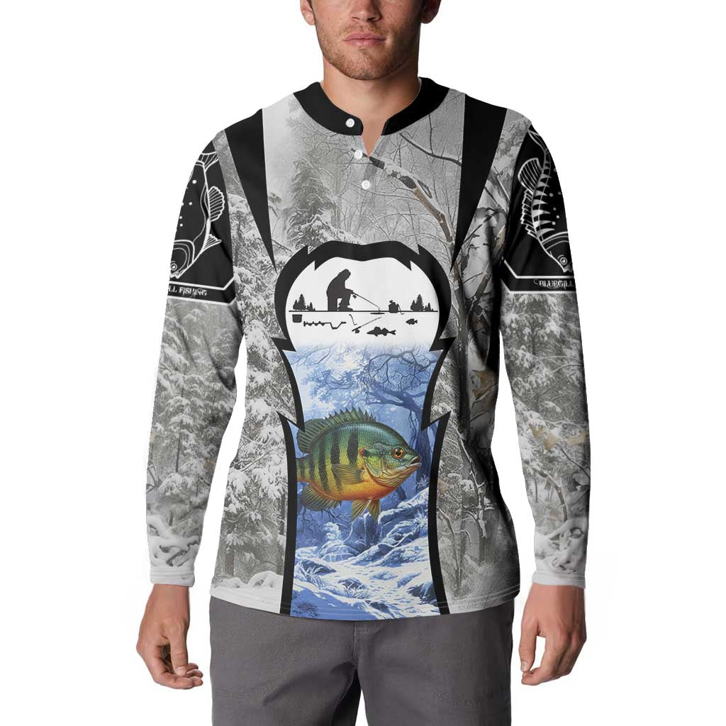 Custom Bluegill Ice Fishing Winter Camo Button Sweatshirt with Snowy Forest Background Colorful Fish - Wonder Print Shop