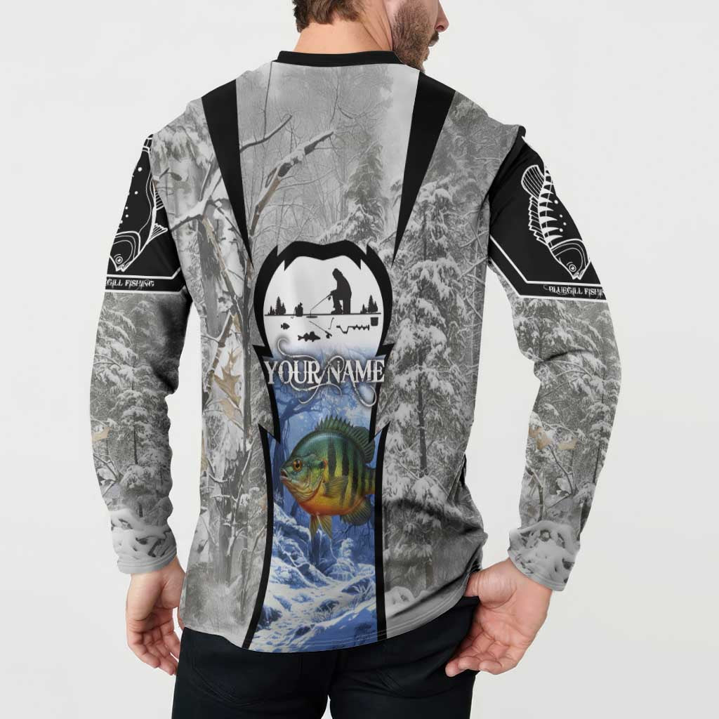 Custom Bluegill Ice Fishing Winter Camo Button Sweatshirt with Snowy Forest Background Colorful Fish - Wonder Print Shop