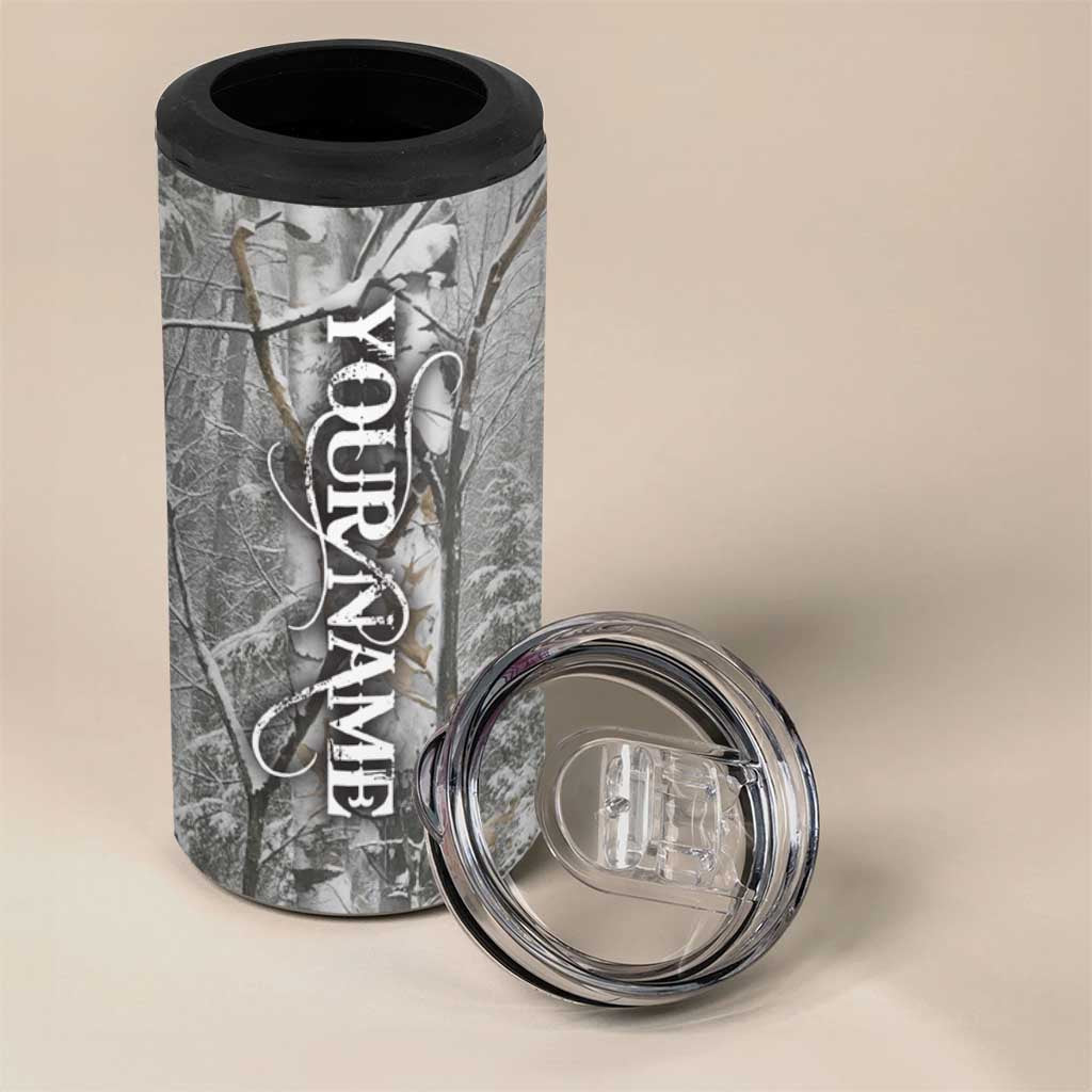 Custom Bluegill Ice Fishing Winter Camo 4 in 1 Can Cooler Tumbler with Snowy Forest Background Colorful Fish - Wonder Print Shop