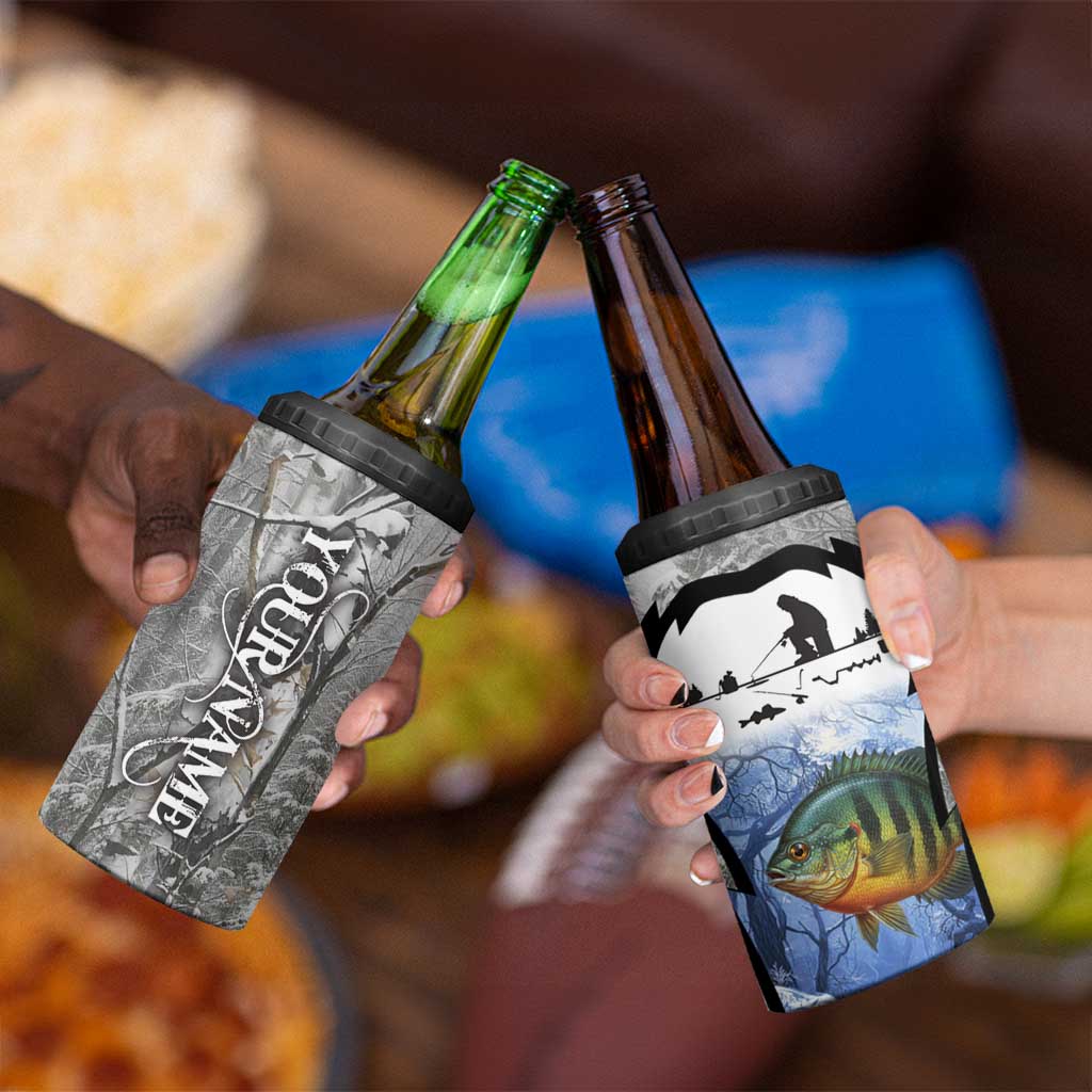 Custom Bluegill Ice Fishing Winter Camo 4 in 1 Can Cooler Tumbler with Snowy Forest Background Colorful Fish - Wonder Print Shop