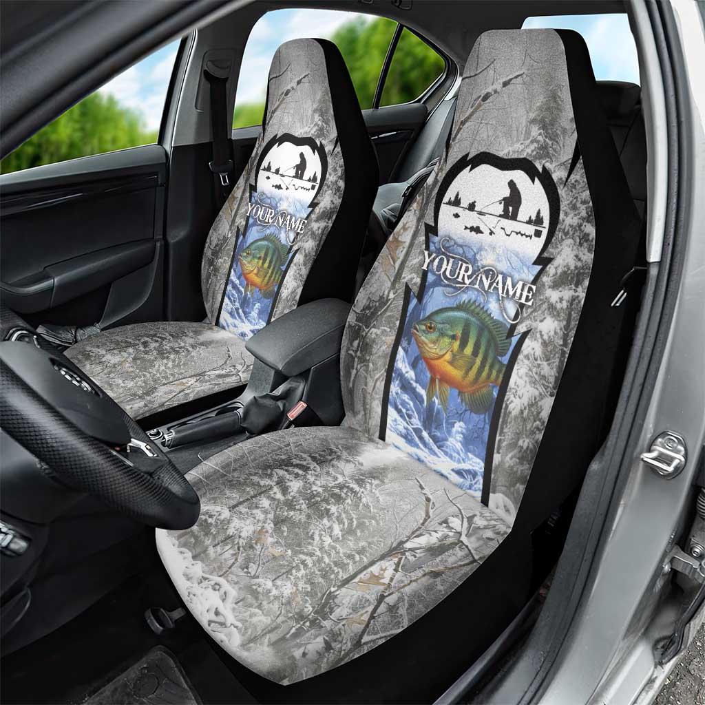 Custom Bluegill Ice Fishing Winter Camo Car Seat Cover with Snowy Forest Background Colorful Fish - Wonder Print Shop