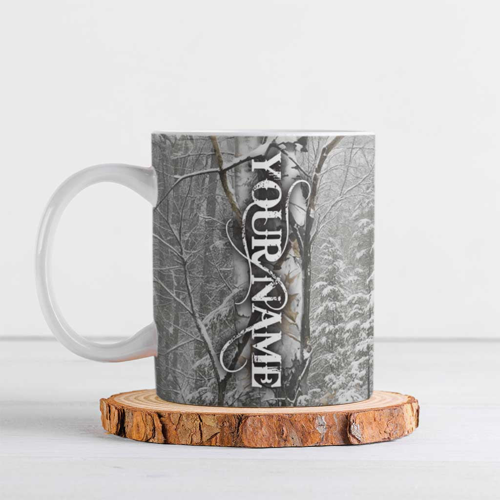 Custom Bluegill Ice Fishing Winter Camo Ceramic Mug with Snowy Forest Background Colorful Fish - Wonder Print Shop