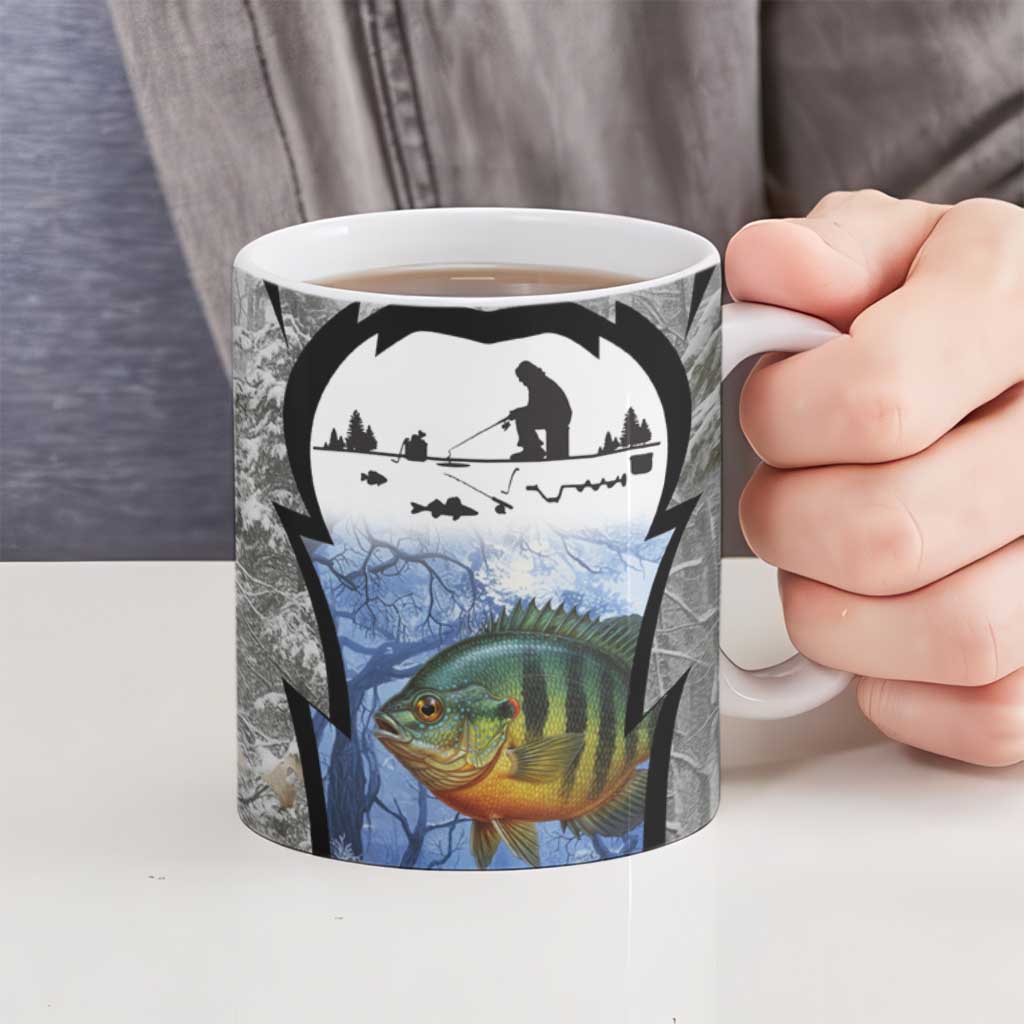 Custom Bluegill Ice Fishing Winter Camo Ceramic Mug with Snowy Forest Background Colorful Fish - Wonder Print Shop