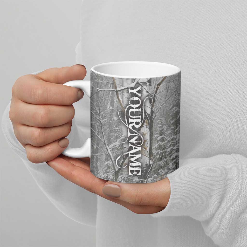Custom Bluegill Ice Fishing Winter Camo Ceramic Mug with Snowy Forest Background Colorful Fish - Wonder Print Shop