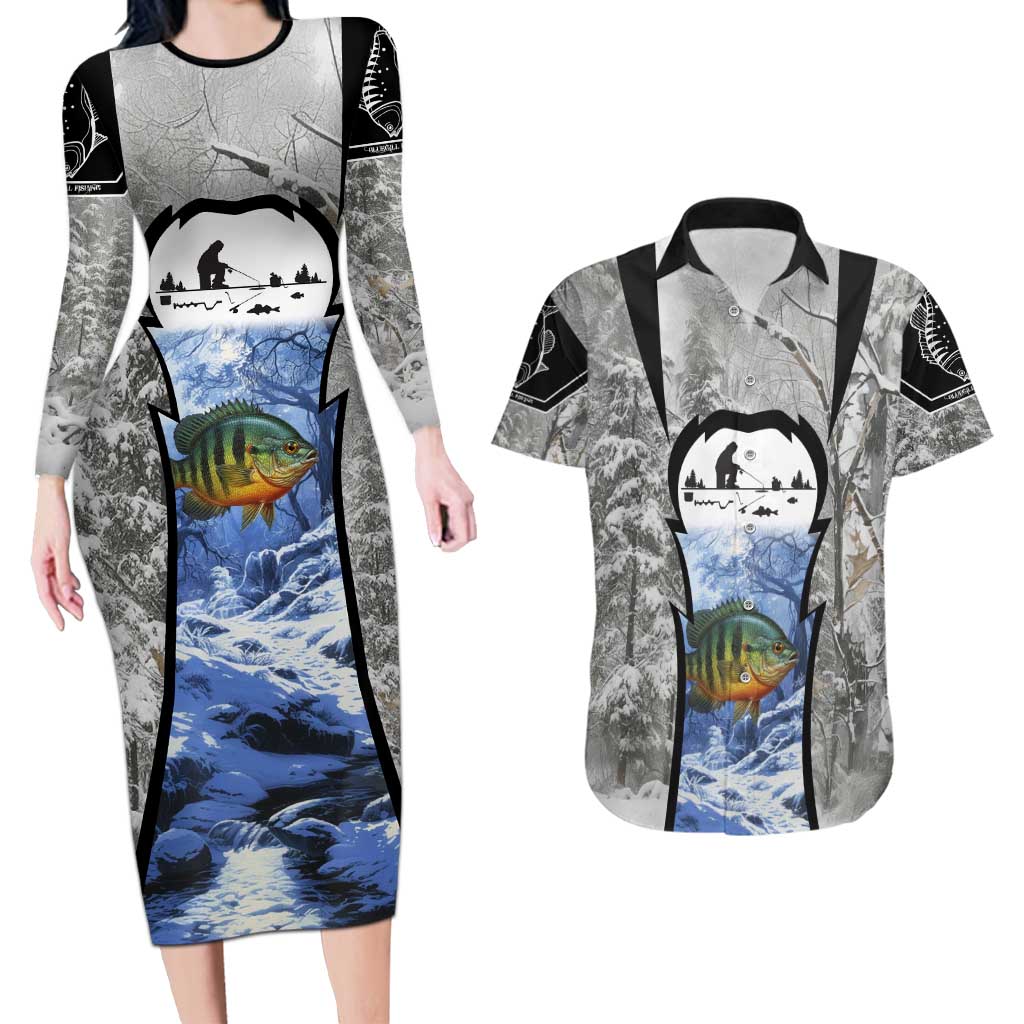 Custom Bluegill Ice Fishing Winter Camo Couples Matching Long Sleeve Bodycon Dress and Hawaiian Shirt with Snowy Forest Background Colorful Fish - Wonder Print Shop