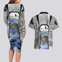 Custom Bluegill Ice Fishing Winter Camo Couples Matching Long Sleeve Bodycon Dress and Hawaiian Shirt with Snowy Forest Background Colorful Fish - Wonder Print Shop