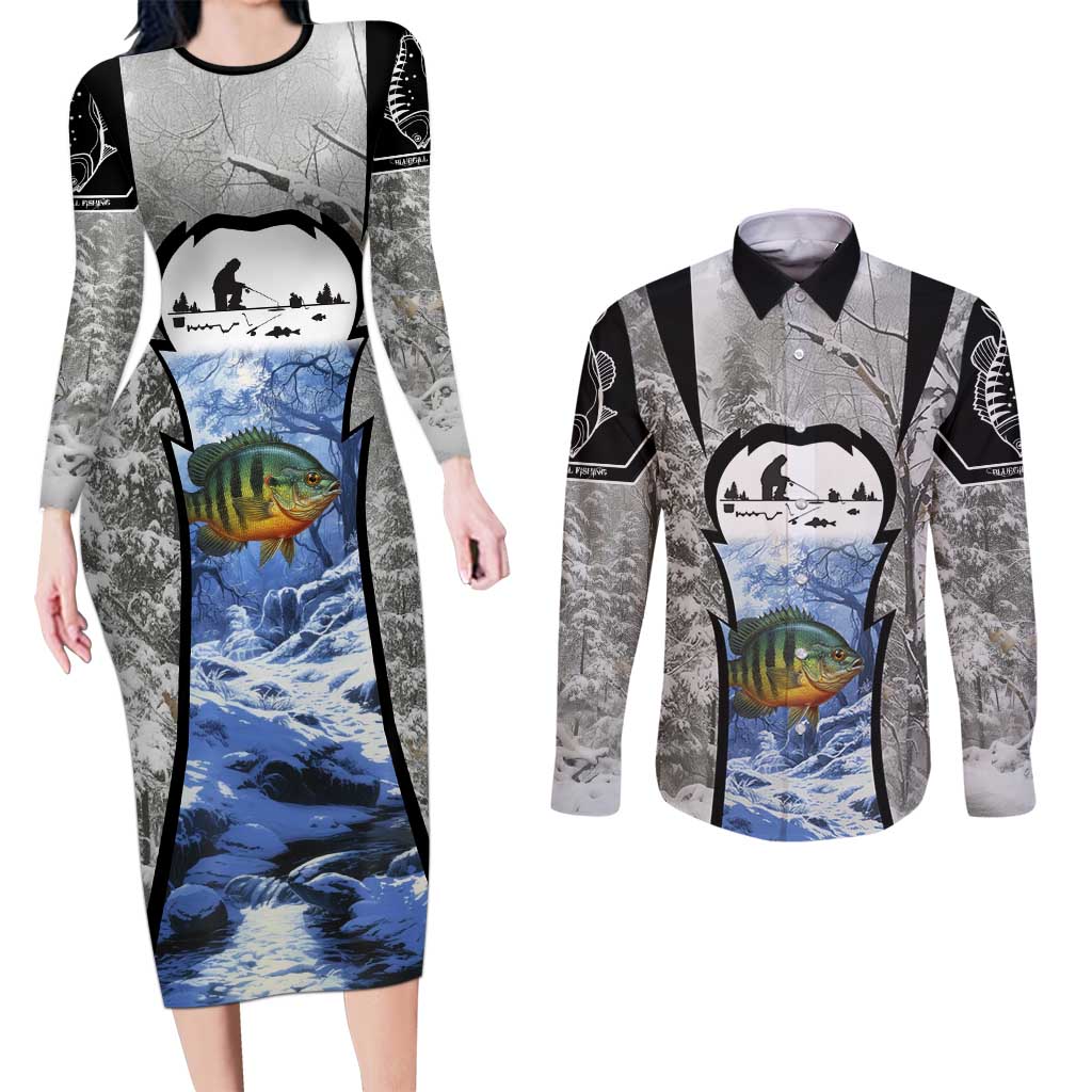 Custom Bluegill Ice Fishing Winter Camo Couples Matching Long Sleeve Bodycon Dress and Long Sleeve Button Shirt with Snowy Forest Background Colorful Fish - Wonder Print Shop