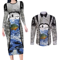 Custom Bluegill Ice Fishing Winter Camo Couples Matching Long Sleeve Bodycon Dress and Long Sleeve Button Shirt with Snowy Forest Background Colorful Fish - Wonder Print Shop