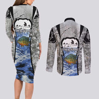 Custom Bluegill Ice Fishing Winter Camo Couples Matching Long Sleeve Bodycon Dress and Long Sleeve Button Shirt with Snowy Forest Background Colorful Fish - Wonder Print Shop