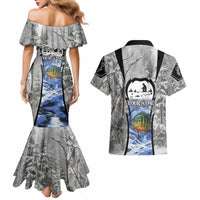 Custom Bluegill Ice Fishing Winter Camo Couples Matching Mermaid Dress and Hawaiian Shirt with Snowy Forest Background Colorful Fish - Wonder Print Shop