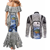 Custom Bluegill Ice Fishing Winter Camo Couples Matching Mermaid Dress and Long Sleeve Button Shirt with Snowy Forest Background Colorful Fish - Wonder Print Shop
