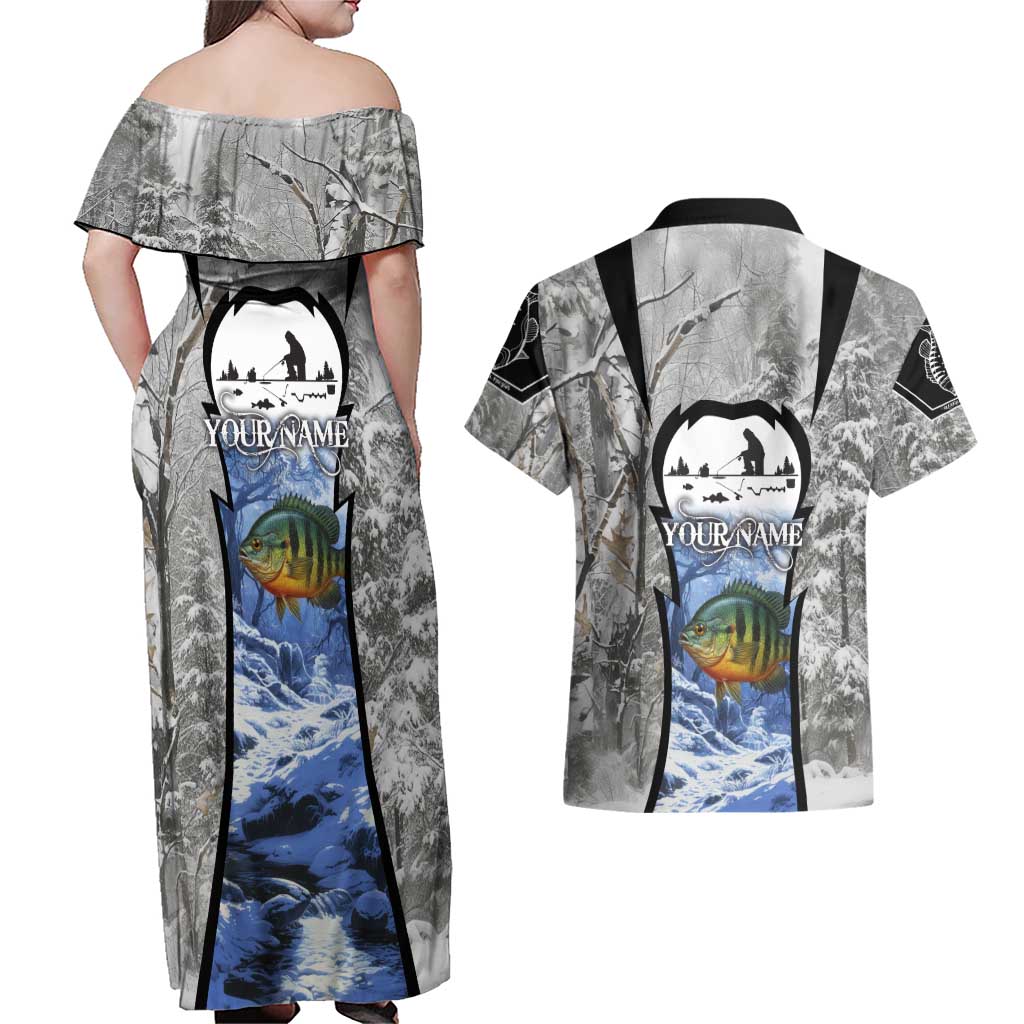Custom Bluegill Ice Fishing Winter Camo Couples Matching Off Shoulder Maxi Dress and Hawaiian Shirt with Snowy Forest Background Colorful Fish - Wonder Print Shop