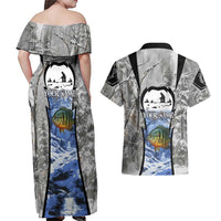 Custom Bluegill Ice Fishing Winter Camo Couples Matching Off Shoulder Maxi Dress and Hawaiian Shirt with Snowy Forest Background Colorful Fish - Wonder Print Shop